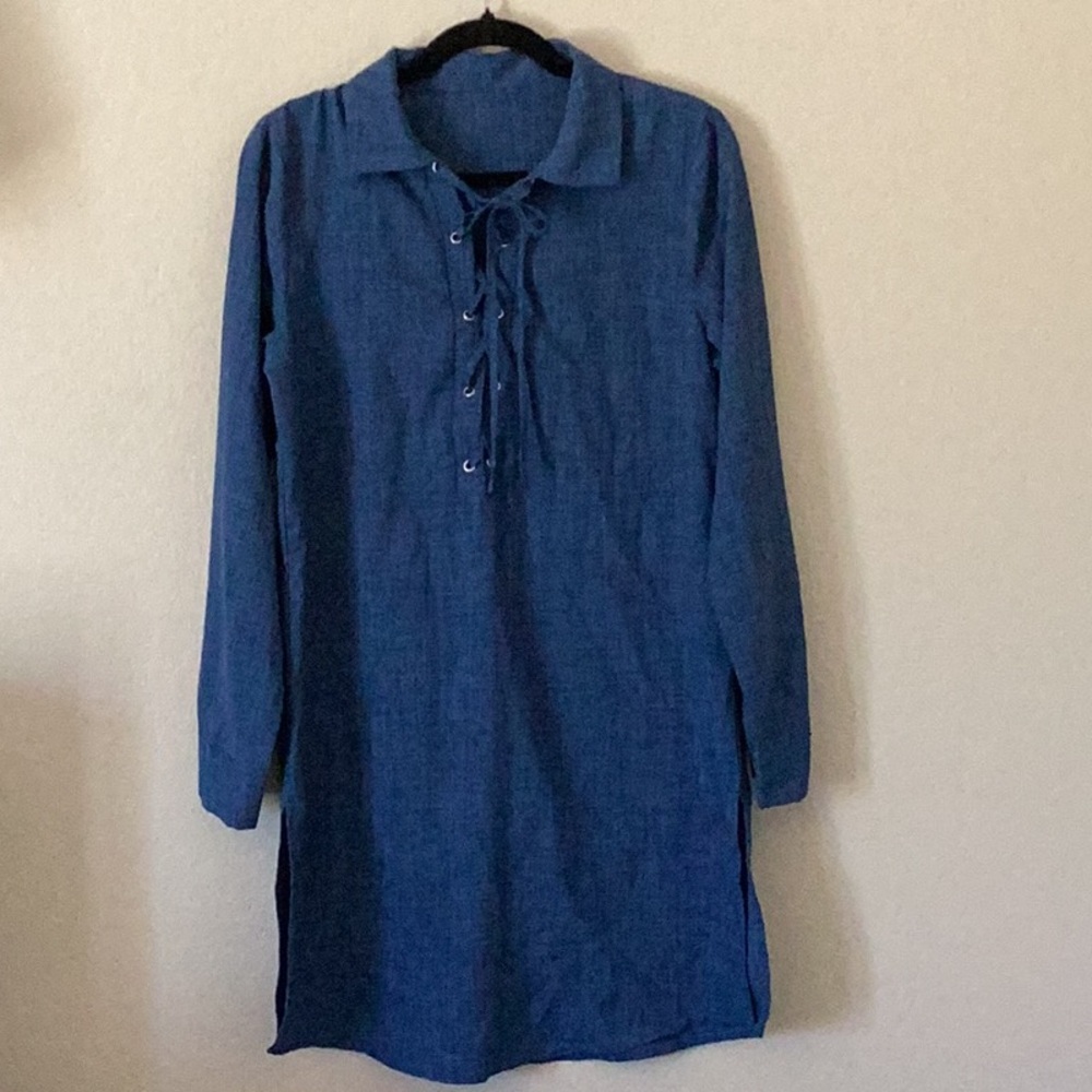 Blue Lace-Up Long Sleeve Dress